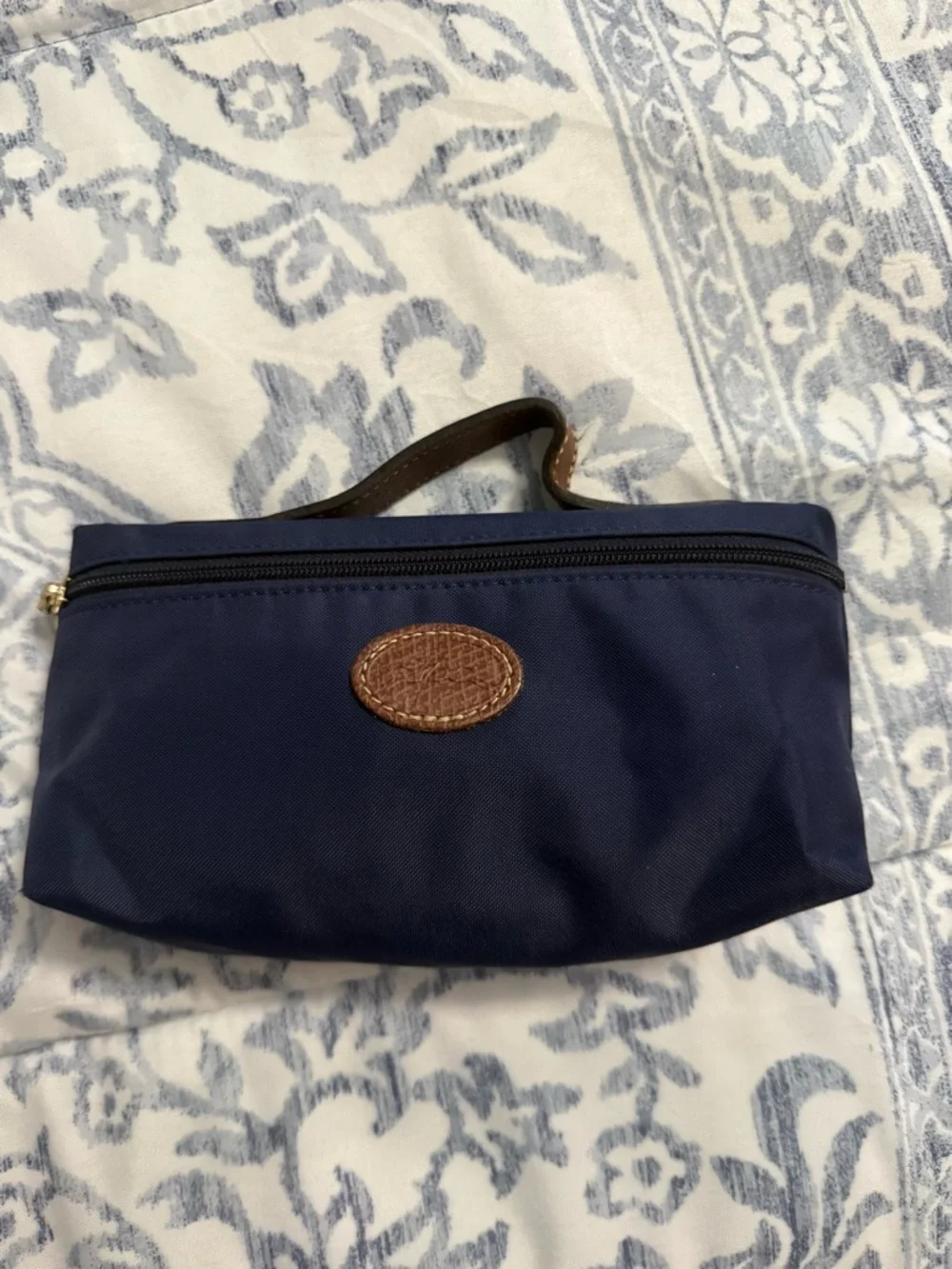 Longchamp Navy Canvas Pouch with Brown Leather Patch